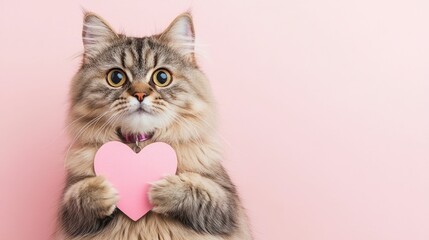 Obraz premium Adorable Persian Cat Holding Heart Shaped Card with Soft Sketch Aesthetic on White Background Cute Feline Pet Portrait in Pencil Sketch Style with Delicate Color Hues