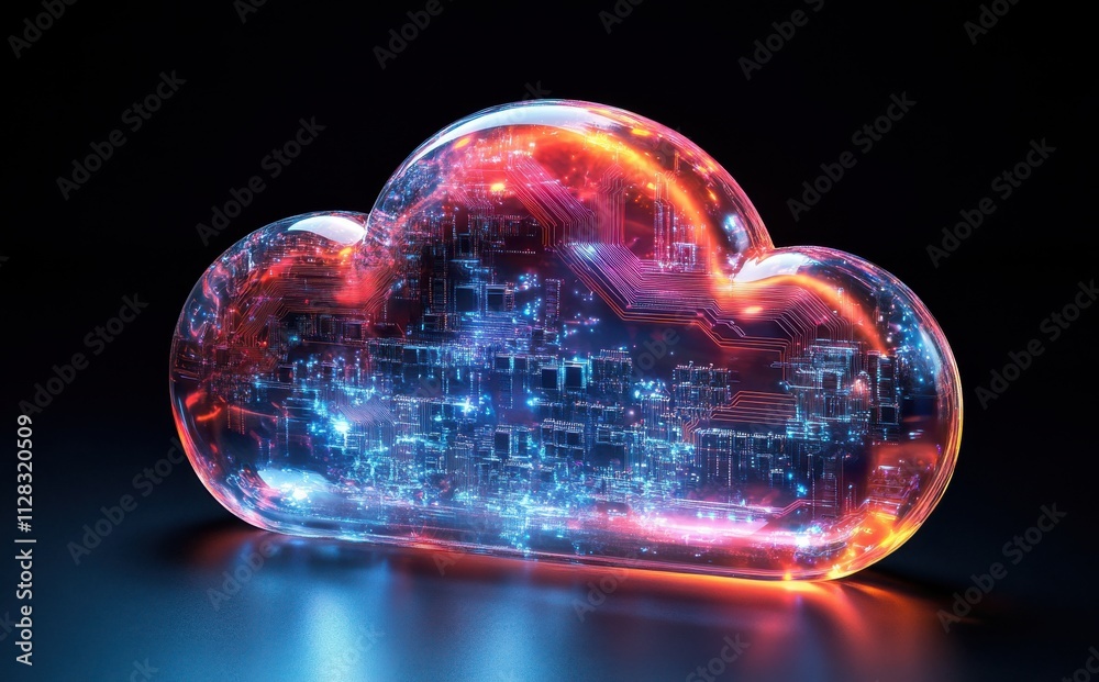 Poster futuristic digital cloud representation with glowing circuit patterns and data visualization in cybe