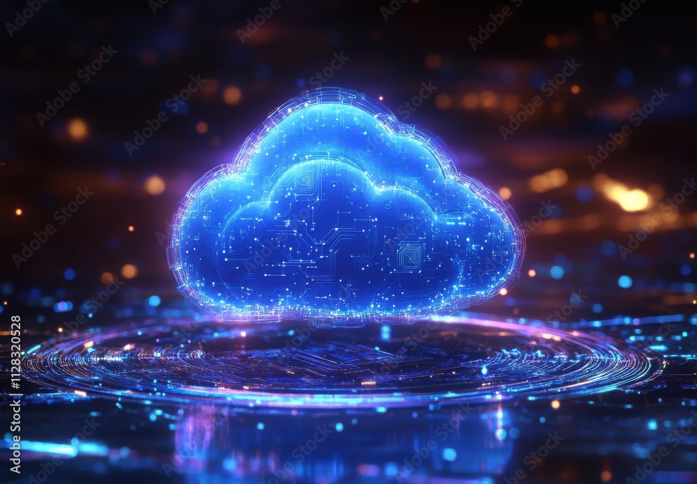 Poster futuristic digital cloud representation surrounded by bright lights and dynamic circles emphasizing 