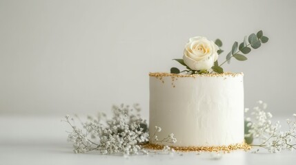 Elegant small white cake with a single rose and gold accents. Perfect for wedding, anniversary, or birthday themes.