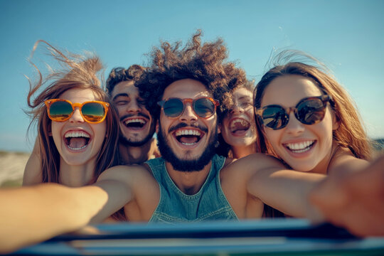 A group of young happy and energetic multi-ethnic friends posing a selfie while enjoying a road trip