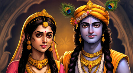Fototapeta premium legant portrayal of Radha and Krishna together, with Krishna playing the flute and Radha adorned in traditional attire, symbolizing divine love