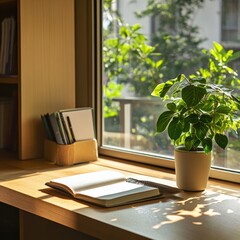 cozy workspace with natural light and greenery