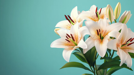Obraz premium vibrant bouquet of white lilies with green leaves against teal background, showcasing their delicate petals and striking colors