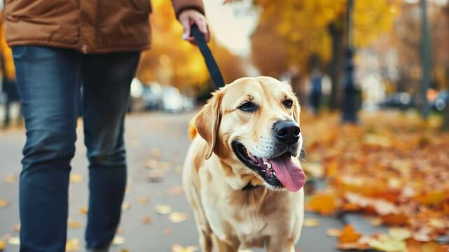 Close-up of a Labrador retriever dog being walked by its owner through an autumn city street with fallen leaves.