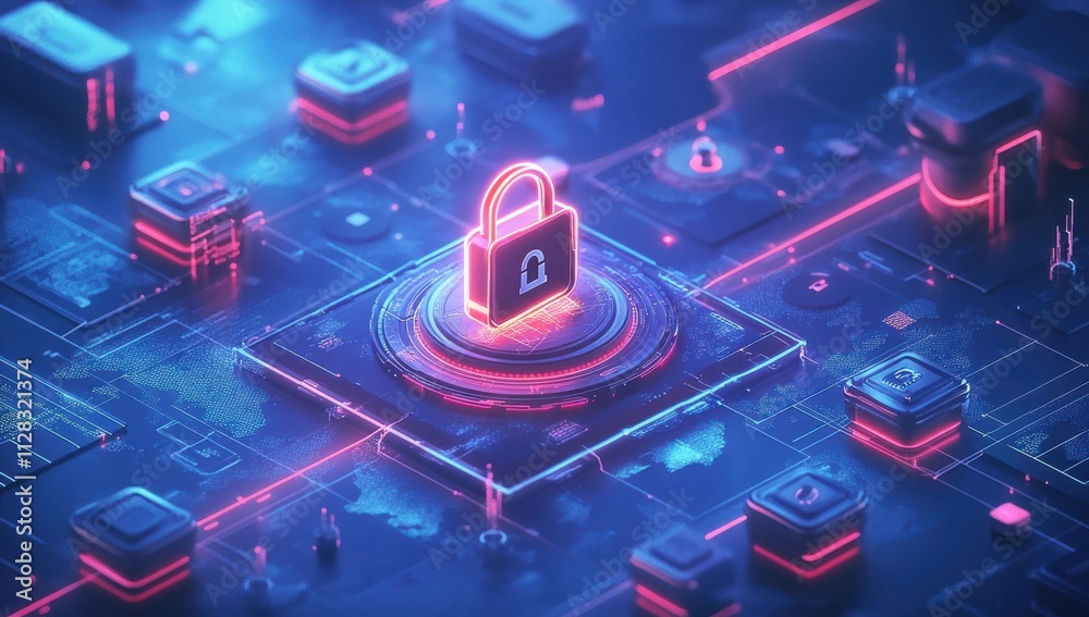 Poster futuristic digital lock and secure data concept with neon lights representing cybersecurity and prot