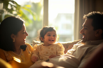 Candid photo of an  Indian ethnic little girl playing with her parents at home