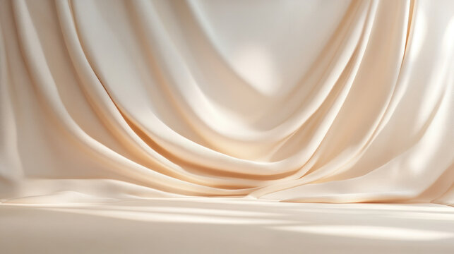 Soft beige silk fabric drapes elegantly, creating serene and luxurious background. gentle folds and smooth texture evoke sense of calm and sophistication