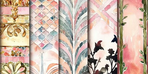 Elegant Watercolor Textures Pink Peach Teal Floral Geometric Patterns