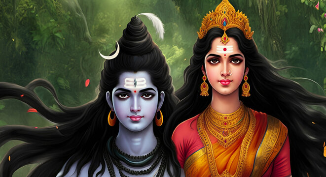 An artistic representation of Lord Shiva and Goddess Parvati standing together, symbolizing power and devotion amidst a natural background