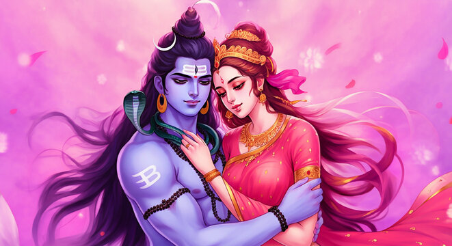 A vibrant depiction of Lord Shiva embracing Goddess Parvati, symbolizing unity and devotion in Hindu mythology