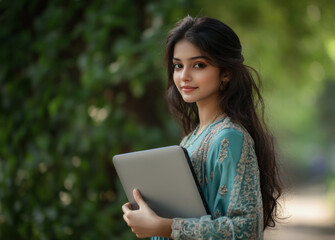 Fototapeta premium A young Indian girl holding a laptop in her hand standing in the outdoor