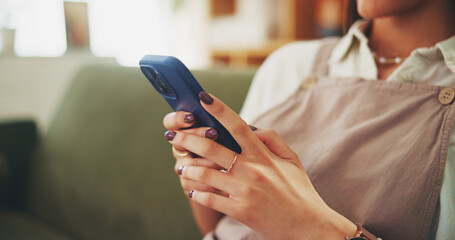 Scroll, phone and hands with woman on sofa for streaming, social media and networking app....
