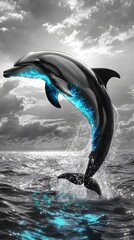Obraz premium A grayscale ocean scene with a pod of dolphins leaping from the water, and one dolphin glowing in vibrant shades of blue and silver as the sunlight catches its body