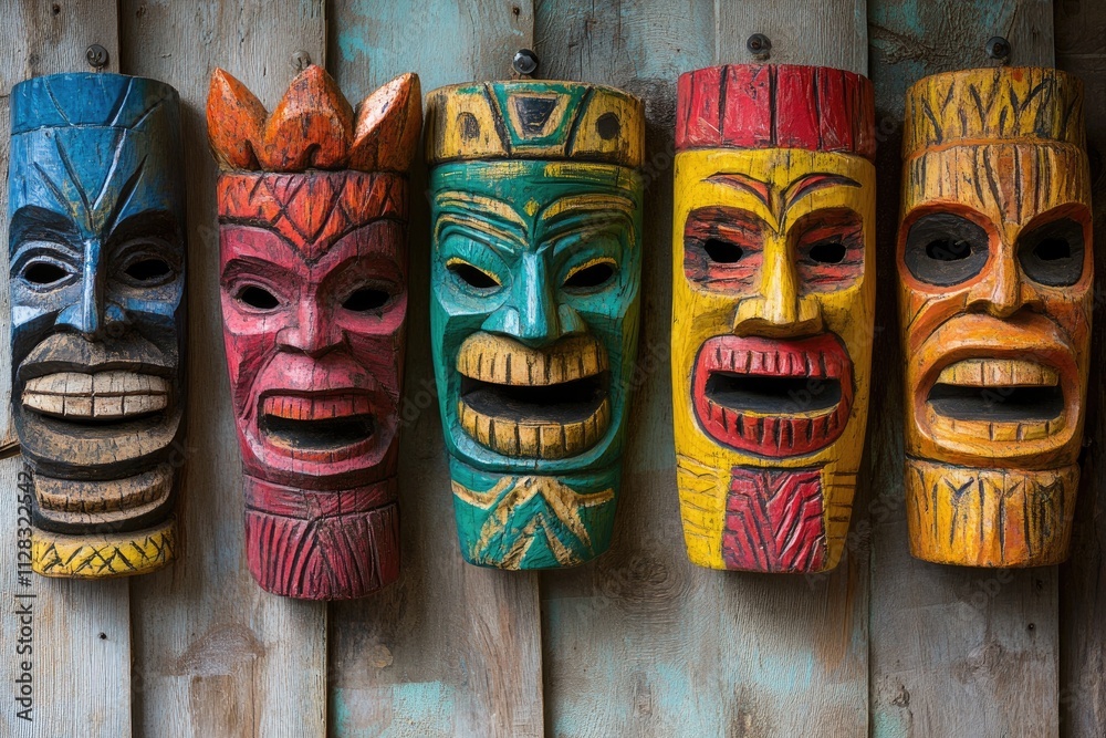 Wall mural Colorful hawaiian tiki masks hanging on a wooden wall