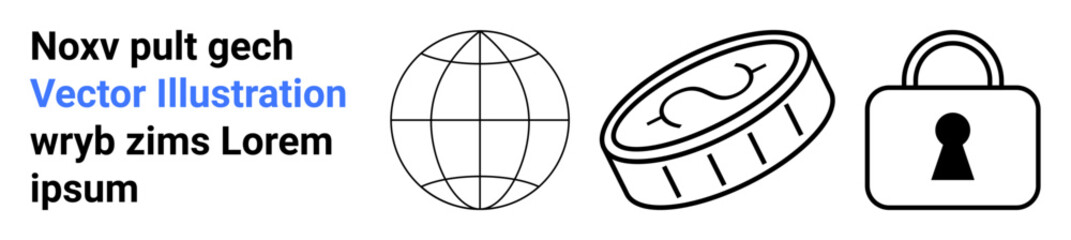 Globe representing connectivity, coin depicting digital currency, and lock signifying security. Ideal for business, finance, e-commerce, cybersecurity, globalization, digital transformation online
