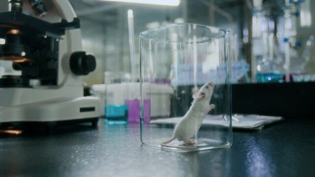 White mouse standing up on its hind legs and sniffing air in transparent glass container in laboratory environment