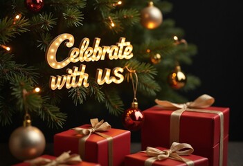 Celebrate with us lettering on Christmas tree with presents and baubles lights