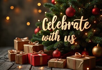 Celebrate with us lettering on Christmas tree with presents and baubles lights