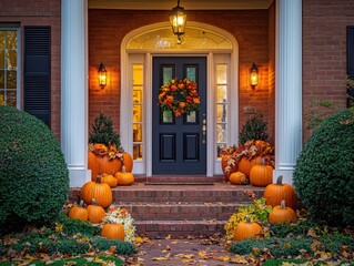 Obraz premium beautiful autumn porch decorated with pumpkins and fall foliage