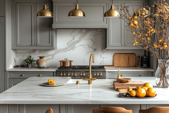 Elegant grey kitchen with marble countertops, gold accents, and autumnal decor.