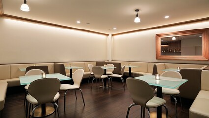 Modern restaurant interior with seats and table, mockup frame