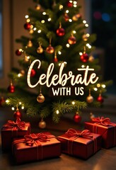 Celebrate with us lettering on Christmas tree with presents and baubles lights