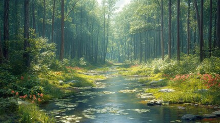 Obraz premium Tranquil Forest Stream Surrounded by Lush Greenery and Wildflowers in a Sunlit Woodland Landscape Ideal for Nature Photography and Scenic Illustrations