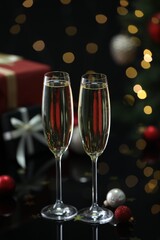 Delicious champagne in glasses and Christmas decor on black mirror surface against blurred lights, closeup