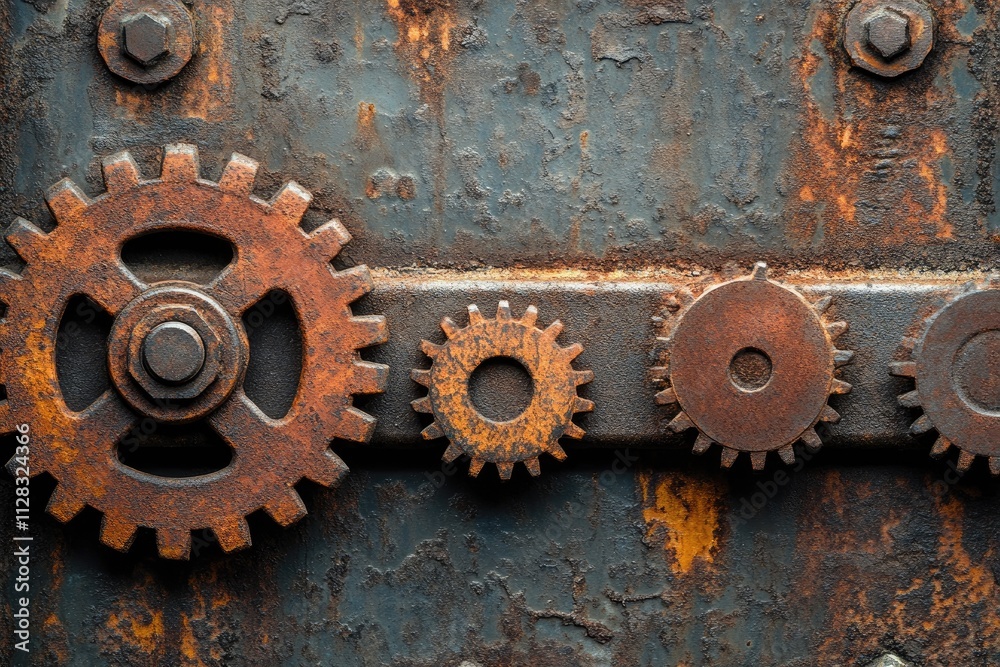Poster Rusty gears representing teamwork and industrial collaboration on metal background