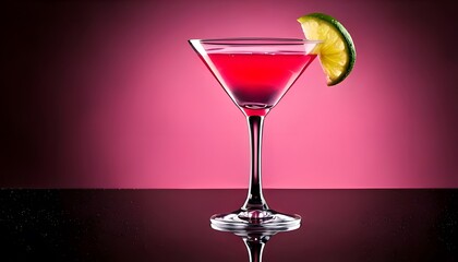 A cosmopolitan cocktail in a martini glass with a pink hue, garnished with a lime twist, set on a mirrored surface.