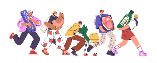 Sale rush concept. Shopping at grocery store, buying food at discounts. Shoppers, consumers, buyers running, hurrying with supermarket cart. Flat vector illustration isolated on white background