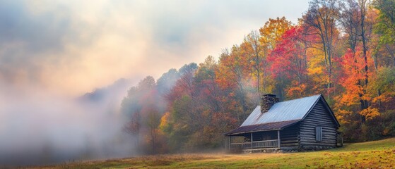 Fototapeta premium cozy cabin in autumn forest with colorful leaves and mist