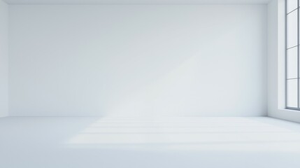 A minimalistic white room with large windows allowing natural light.