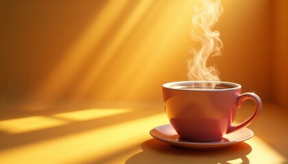 Abstract morning coffee background with sunrise light casting shadows over a steaming mug