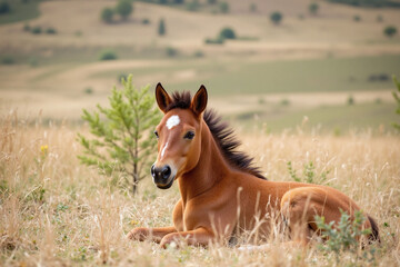 Fototapeta premium Young foal lying grassy field chestnut-brown coat season