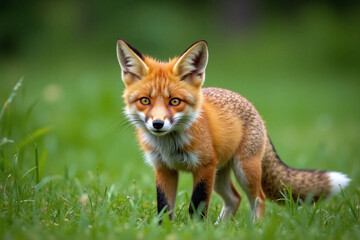 Fototapeta premium Young red fox kit meadow orange-red fur eyes ears tail