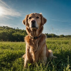 A golden retriever sitting in a lush green field under a clear blue sky.