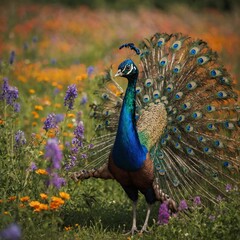 Obraz premium A peacock displaying its colorful feathers in a vibrant field of wildflowers.