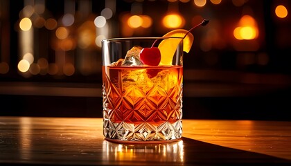 A crystal glass with an old-fashioned cocktail, garnished with an orange peel and cherry, placed on a bar counter under warm ambient lighting.