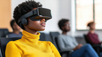 A person wearing a VR headset engages in a virtual reality experience in a classroom setting.