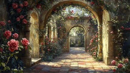 Romantic Rose Garden Archway Pathway Scene