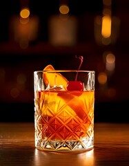 A crystal glass with an old-fashioned cocktail, garnished with an orange peel and cherry, placed on a bar counter under warm ambient lighting.