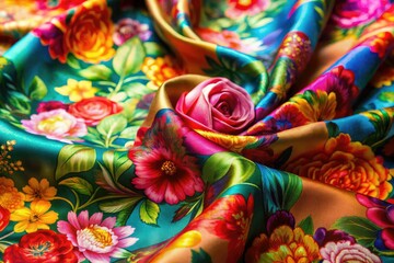 Fototapeta premium Rule of thirds photography showcases lively, brightly colored silk floral patterns.