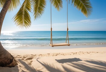 Wooden swing on a tropical beach under palm trees. Generative AI