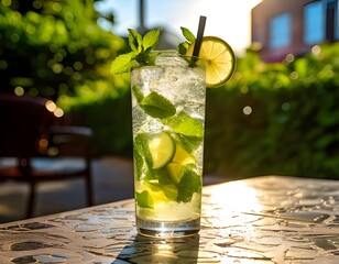 A refreshing mojito in a tall glass with mint leaves, lime slices, and ice cubes, served outdoors on a sunny patio.