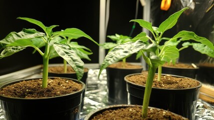 Green Pepper Seedlings in Black Pots Under Bright Indoor Light