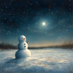 Fototapeta premium Solitary snowman reflects twinkling stars, moonlit snow-covered field