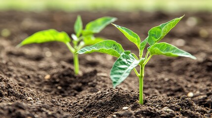 Fresh Green Seedlings Growing in Rich Dark Soil on Sunny Day
