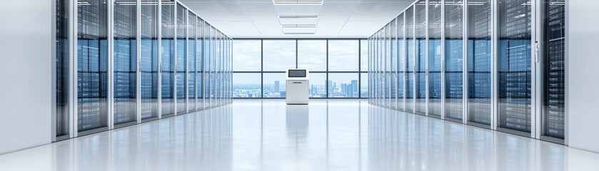 recording financial data for tax submission, rows of filing cabinets, labeled binders, a digital scanner in use, clean aesthetic